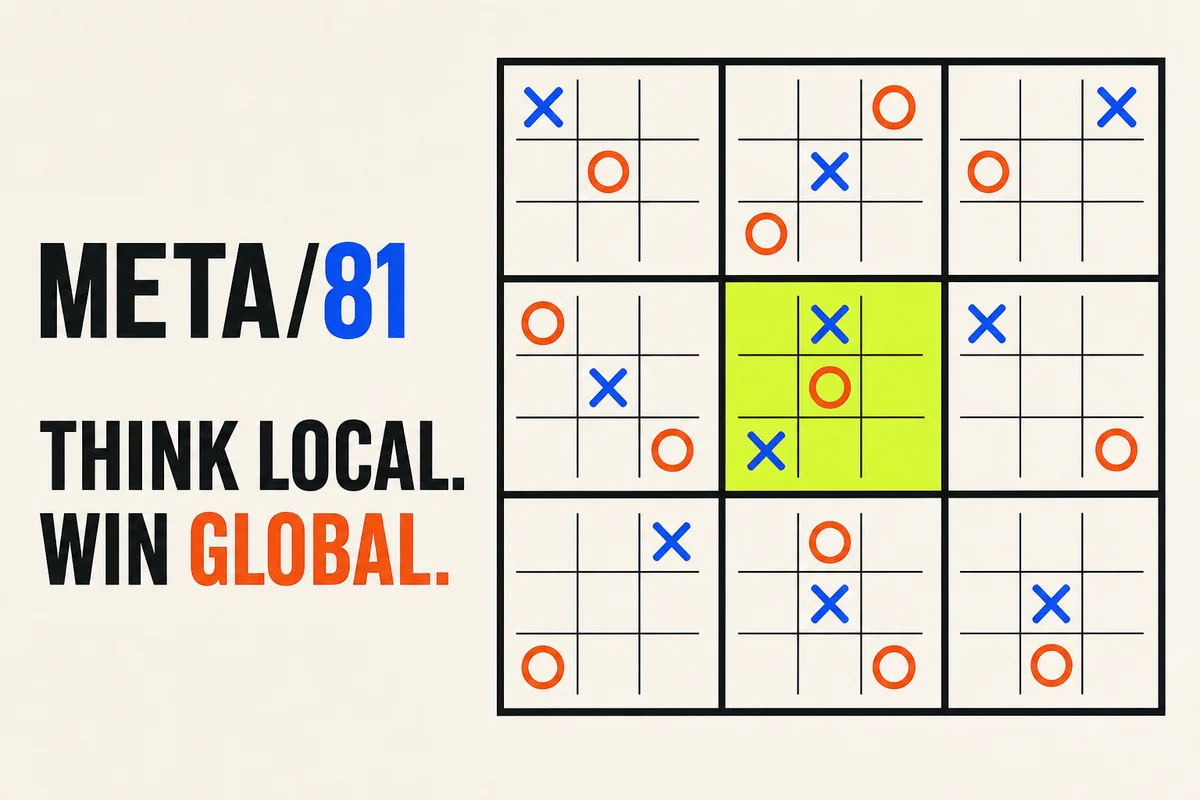 META/81 Ultimate Tic-Tac-Toe game board with blue X and orange O marks