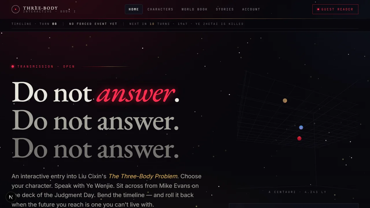 Interactive Three-Body narrative platform